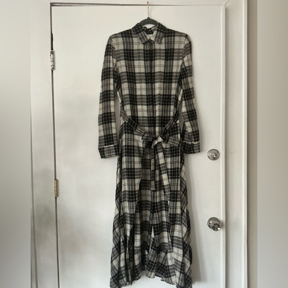 Rosetta Getty Black and White Plaid Maxi Shirt Dress with Waist Tie